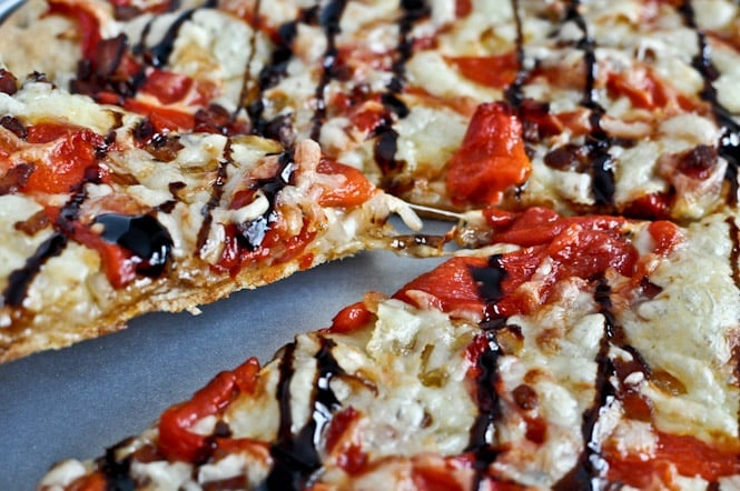 Whole Wheat Roasted Red Pepper + Fontina Pizza with Balsamic Glaze I howsweeteats.com Whole Wheat Roasted Red Pepper + Fontina Pizza with Balsamic Glaze I howsweeteats.com