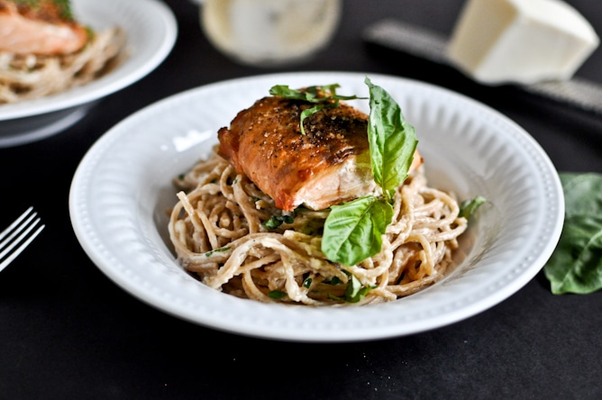30 Minute Crispy Salmon with Creamy Basil Noodles I howsweeteats.com 30 Minute Crispy Salmon with Creamy Basil Noodles I howsweeteats.com