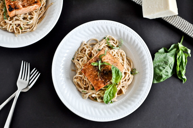 30 Minute Crispy Salmon with Creamy Basil Noodles I howsweeteats.com 30 Minute Crispy Salmon with Creamy Basil Noodles I howsweeteats.com