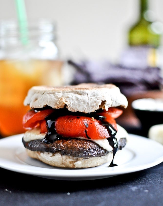 Asiago Portobello Burgers with Roasted Red Peppers + Balsamic Glaze I howsweeteats.com Asiago Portobello Burgers with Roasted Red Peppers + Balsamic Glaze I howsweeteats.com