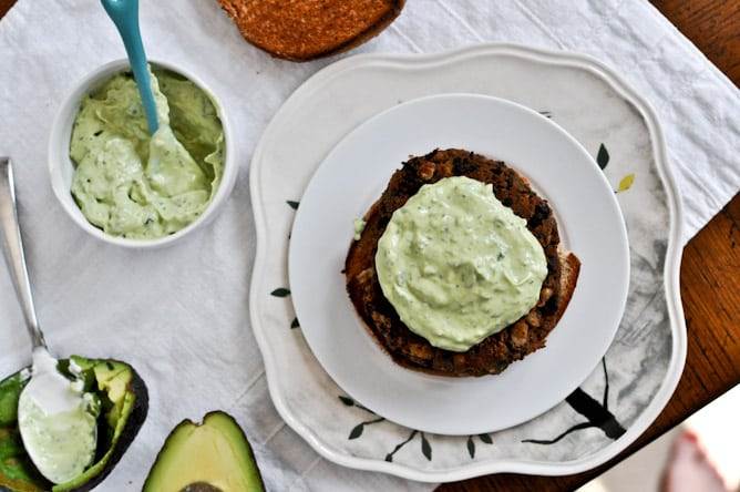 Easy Double Bean Burgers with Avocado Basil Cream I howsweeteats.com Easy Double Bean Burgers with Avocado Basil Cream I howsweeteats.com