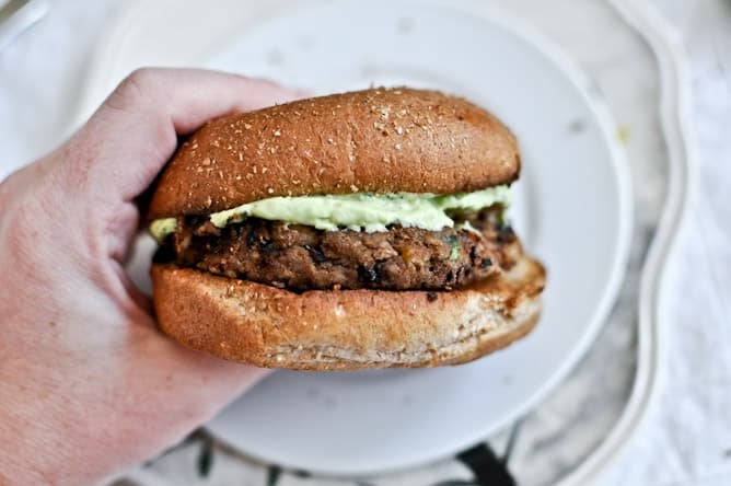 Easy Double Bean Burgers with Avocado Basil Cream I howsweeteats.com Easy Double Bean Burgers with Avocado Basil Cream I howsweeteats.com