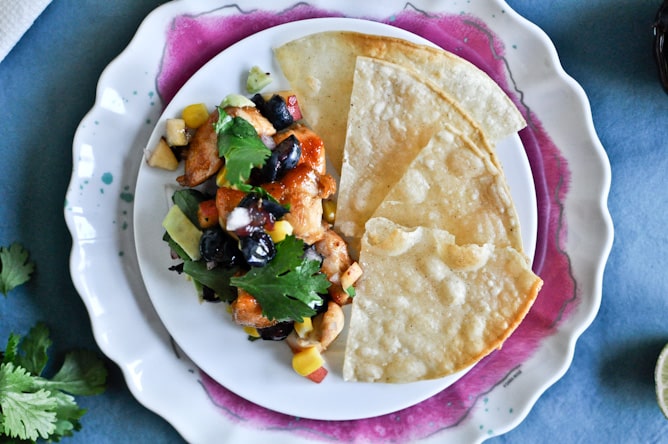 Sweet + Spicy Glazed Chicken, Corn + Avocado Tostadas with Blueberry Peach Salsa I howsweeteats.com Sweet + Spicy Glazed Chicken, Corn + Avocado Tostadas with Blueberry Peach Salsa I howsweeteats.com
