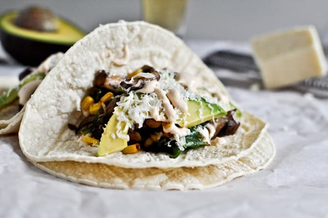 Grilled Corn, Mushroom + Roasted Poblano Tacos with Chipotle Crema I howsweeteats.com Grilled Corn, Mushroom + Roasted Poblano Tacos with Chipotle Crema I howsweeteats.com