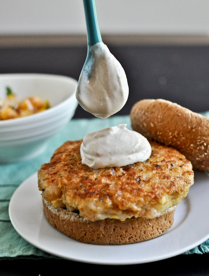 Shrimp Burgers with Chipotle Cream and Coconut Peach Salsa I howsweeteats.com Shrimp Burgers with Chipotle Cream and Coconut Peach Salsa I howsweeteats.com