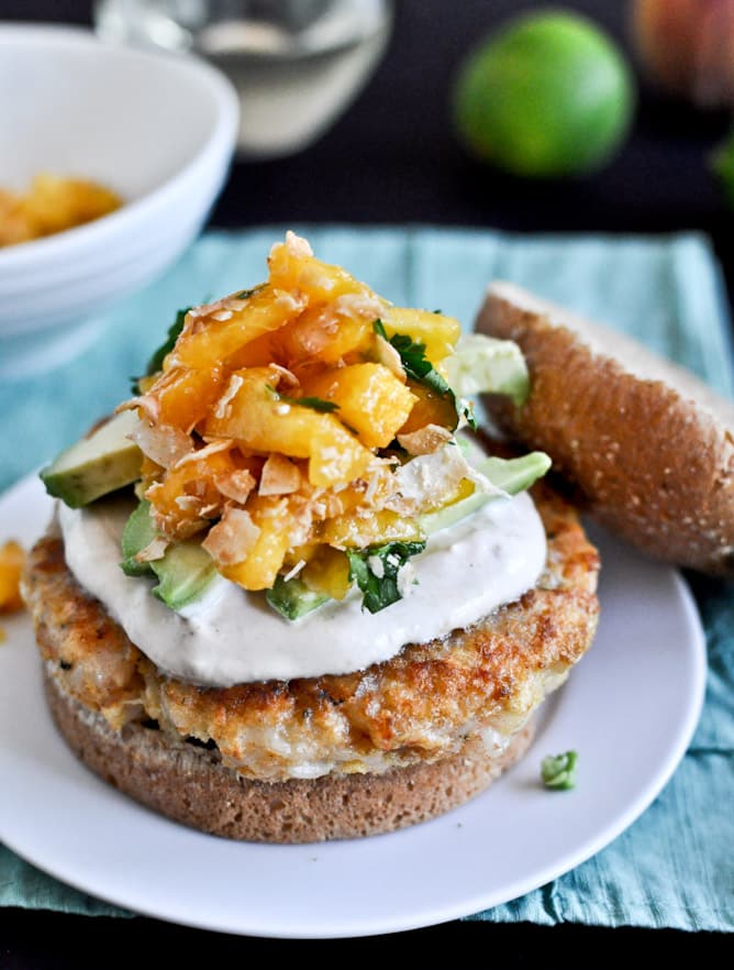 Shrimp Burgers with Chipotle Cream and Coconut Peach Salsa I howsweeteats.com Shrimp Burgers with Chipotle Cream and Coconut Peach Salsa I howsweeteats.com
