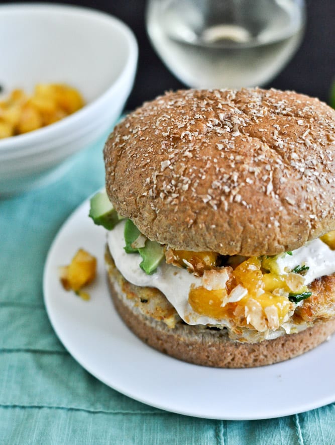 Shrimp Burgers with Chipotle Cream and Coconut Peach Salsa I howsweeteats.com Shrimp Burgers with Chipotle Cream and Coconut Peach Salsa I howsweeteats.com