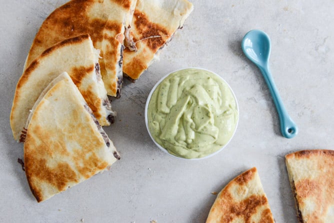 Cheesy Double Bean Quesadillas with Homemade Avocado Ranch I howsweeteats.com Cheesy Double Bean Quesadillas with Homemade Avocado Ranch I howsweeteats.com
