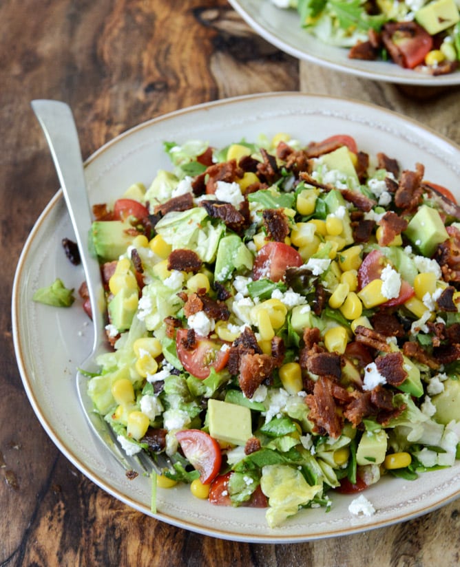 BLT Chopped Salad with Corn, Feta + Avocado I howsweeteats.com BLT Chopped Salad with Corn, Feta + Avocado I howsweeteats.com