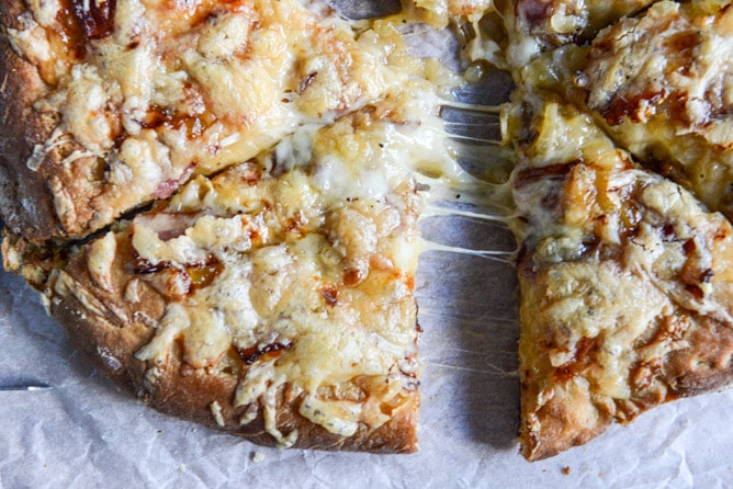 Caramelized Onion, Gruyere + Pepper Bacon Whole Wheat Pizza I howsweeteats.com Caramelized Onion, Gruyere + Pepper Bacon Whole Wheat Pizza I howsweeteats.com