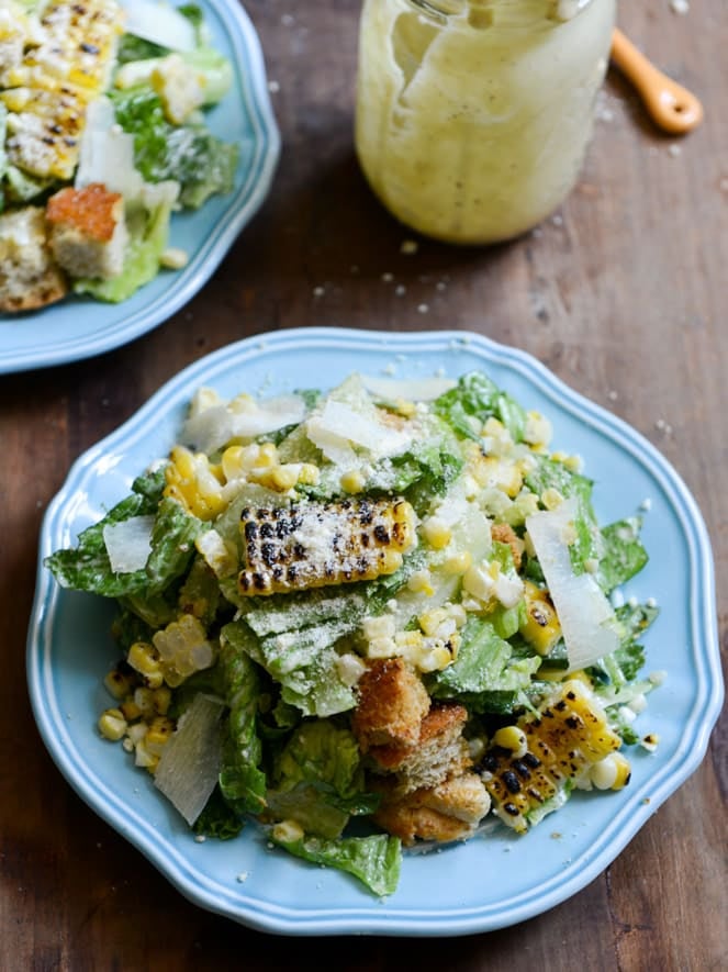 Roasted Corn Caesar Salads with Parmesan Greek Yogurt Caesar Dressing I howsweeteats.com Roasted Corn Caesar Salads with Parmesan Greek Yogurt Caesar Dressing I howsweeteats.com