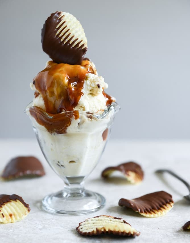 Sweet Corn Ice Cream with a Salted Caramel Swirl + Chocolate Covered Potato Chips I howsweeteats.com Sweet Corn Ice Cream with a Salted Caramel Swirl + Chocolate Covered Potato Chips I howsweeteats.com