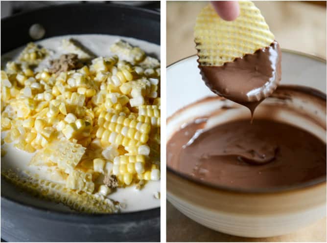 Sweet Corn Ice Cream with a Salted Caramel Swirl + Chocolate Covered Potato Chips I howsweeteats.com Sweet Corn Ice Cream with a Salted Caramel Swirl + Chocolate Covered Potato Chips I howsweeteats.com