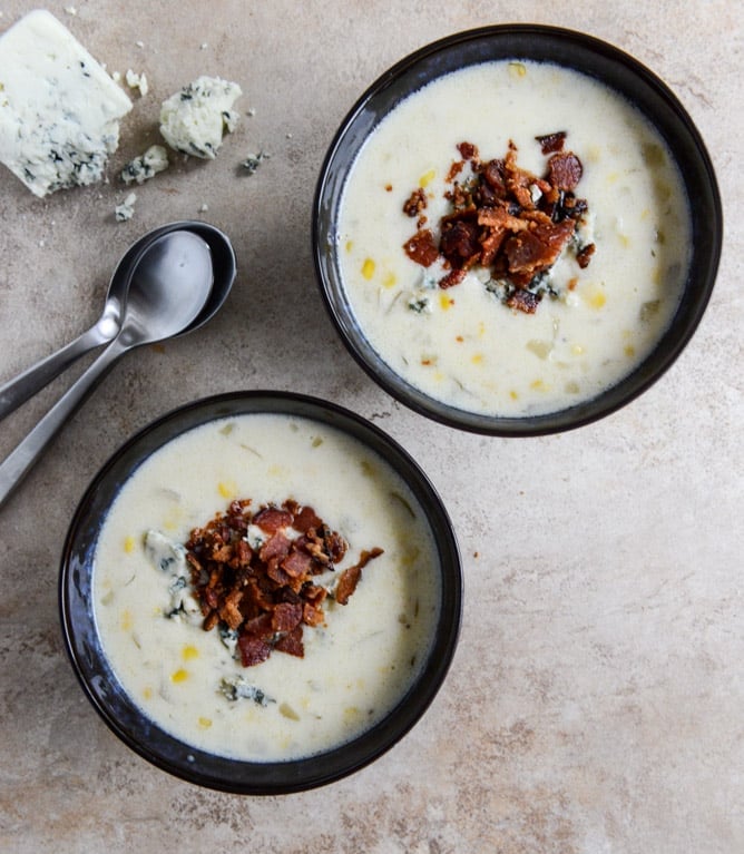 Cheesy Corn Chowder with Bacon + Gorgonzola I howsweeteats.com Cheesy Corn Chowder with Bacon + Gorgonzola I howsweeteats.com