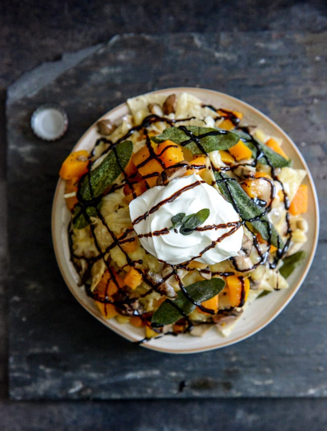 Spiced Butternut Squash, Garlic Butter Mushroom and Fontina Nachos with Crispy Sage I howsweeteats.com Spiced Butternut Squash, Garlic Butter Mushroom and Fontina Nachos with Crispy Sage I howsweeteats.com