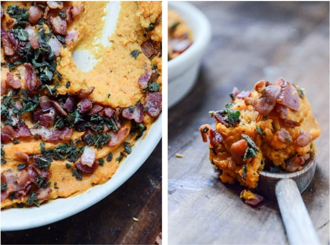 bacon bourbon whipped sweet potatoes with brown butter and crispy sage I howsweeteats.com bacon bourbon whipped sweet potatoes with brown butter and crispy sage I howsweeteats.com