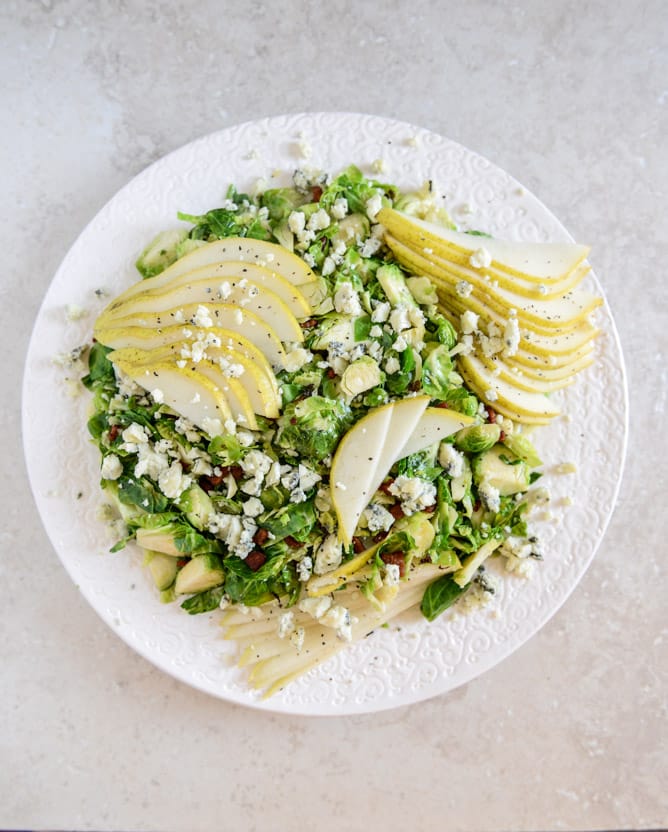 maple bacon brussels, pear and blue cheese salad I howsweeteats.com maple bacon brussels, pear and blue cheese salad I howsweeteats.com