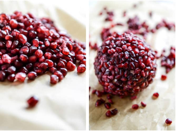 Pomegranate Jeweled White Cheddar, Toasted Almond and Crispy Sage Cheeseball I howsweeteats.com Pomegranate Jeweled White Cheddar, Toasted Almond and Crispy Sage Cheeseball I howsweeteats.com