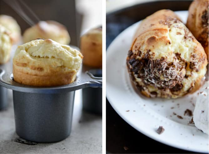 Dark Chocolate Chunk Popovers with Spiked Vanilla Bourbon Whipped Cream I howsweeteats.com Dark Chocolate Chunk Popovers with Spiked Vanilla Bourbon Whipped Cream I howsweeteats.com