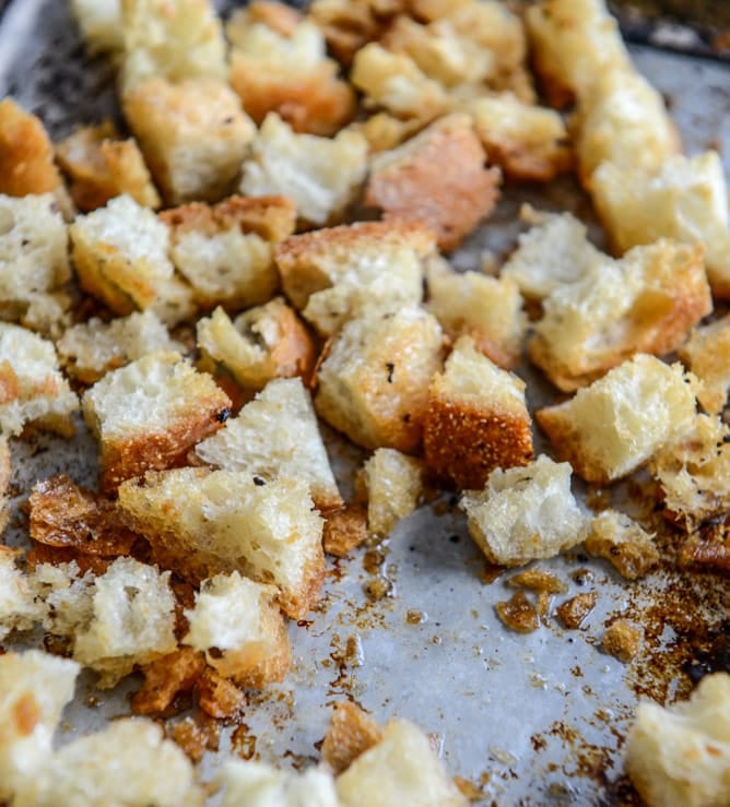 Warm Brussels Caesar with Bacon Ciabatta Croutons I howsweeteats.com Warm Brussels Caesar with Bacon Ciabatta Croutons I howsweeteats.com