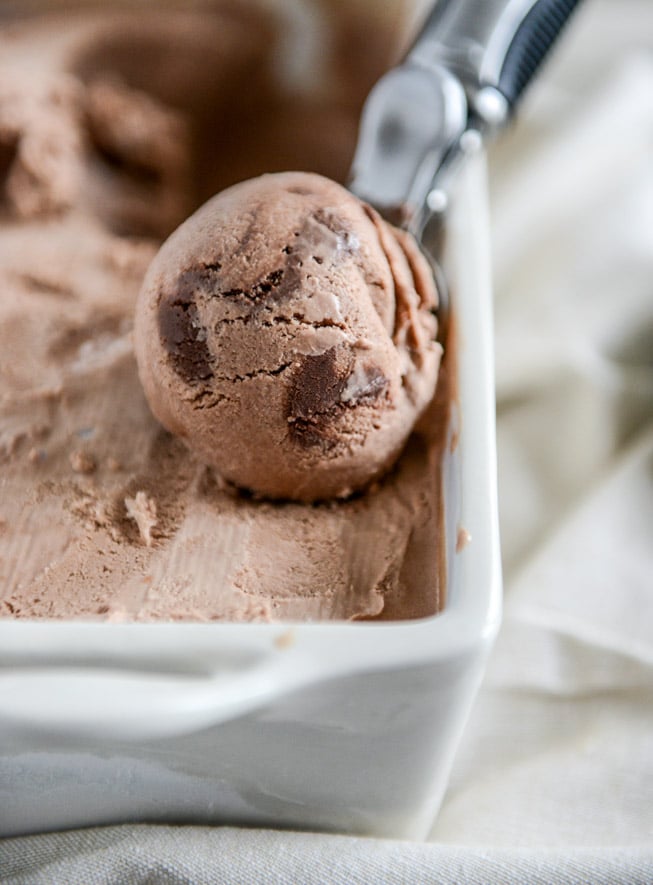 Milk Chocolate Goat Cheese Ice Cream with Ganache Fudge Chunks I howsweeteats.com