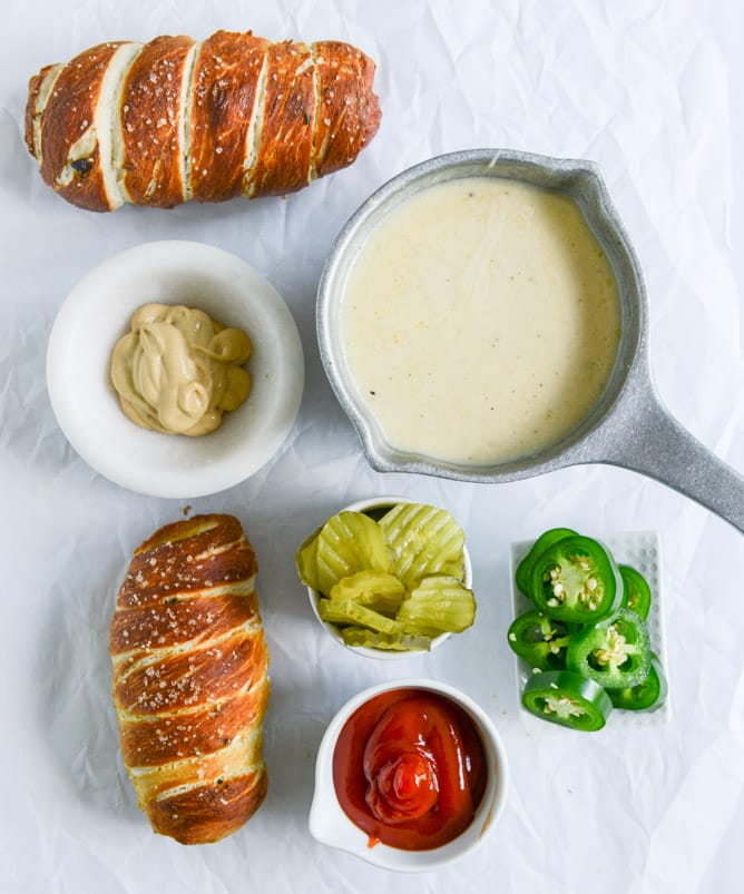 Jalapeño Pretzel Dogs with Cheddar Beer Sauce I howsweeteats.com