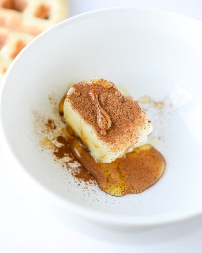 vanilla yeasted waffles with roasted peach maple syrup I howsweeteats.com