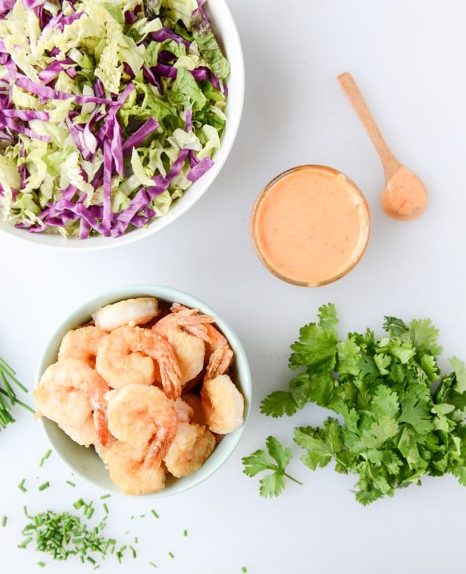 lightened up bang bang shrimp with napa cabbage slaw I howsweeteats.com