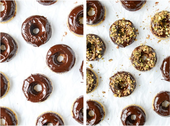 chocolate fudge pistachio cake donuts I howsweeteats.com