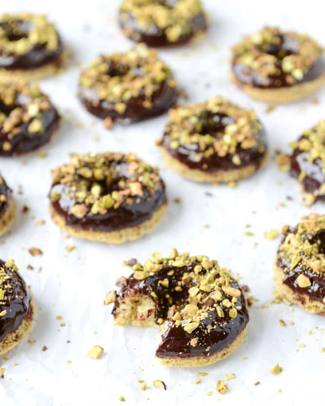chocolate fudge pistachio cake donuts I howsweeteats.com
