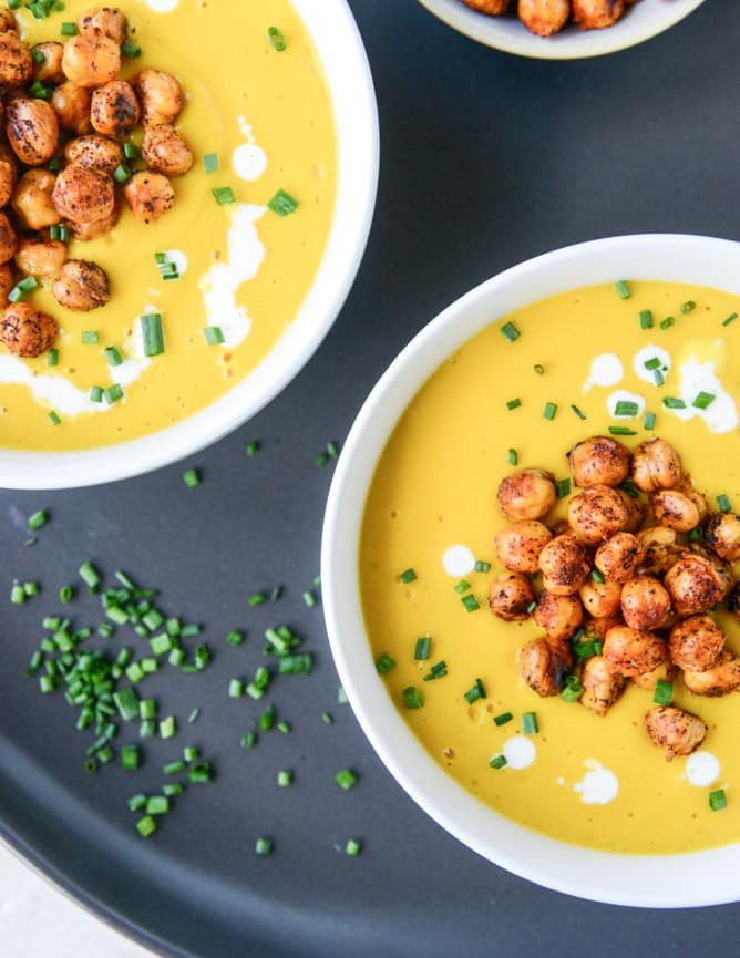 smoked gruyere butternut soup with spicy chickpeas I howsweeteats.com