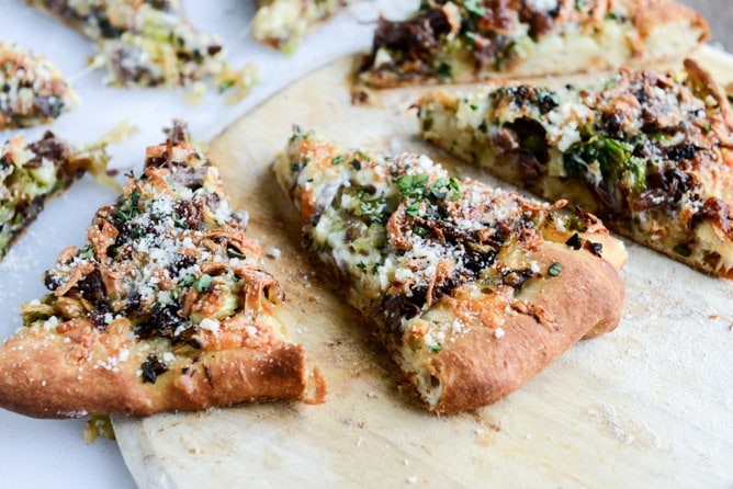 crispy shredded sprouts, short rib and caramelized shallot pizza I howsweeteats.com