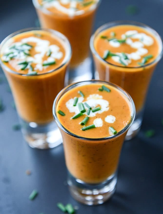 creamy tomato soup shooters with three cheese grilled cheese sticks I howsweeteats.com