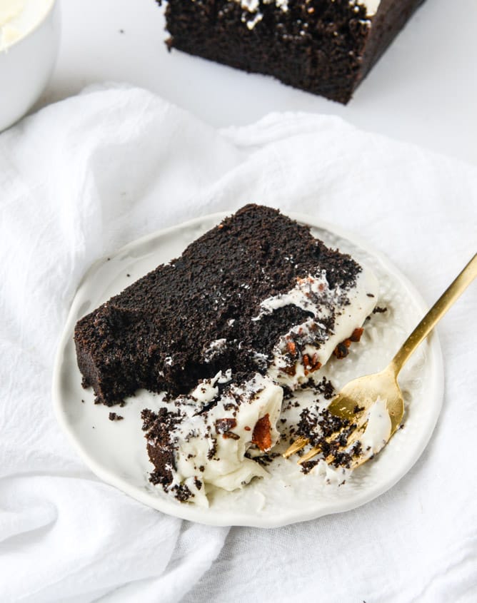 chocolate pound cake with bacon bourbon frosting I howsweeteats.com