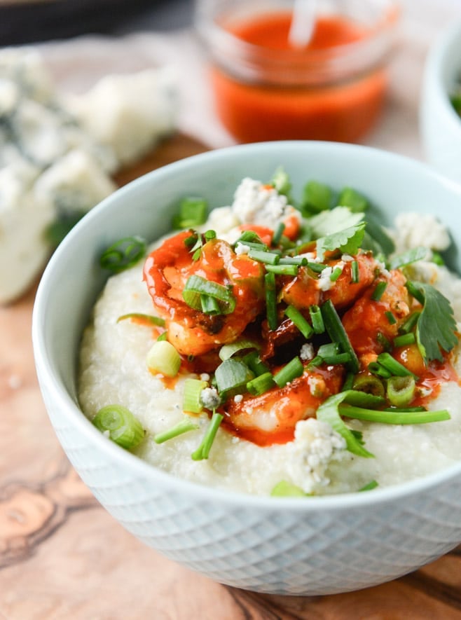 crispy buffalo wing shrimp with blue cheese grits I howsweeteats.com