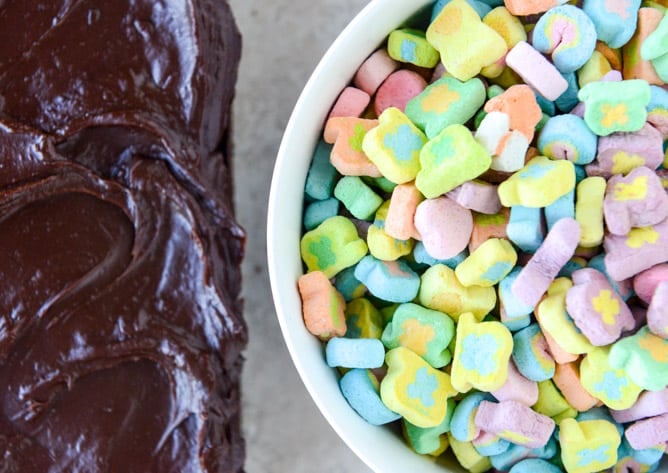 one bowl fudgy whiskey chocolate cake - with irish cream chocolate ganache (and lucky charms marshmallows...) I howsweeteats.com
