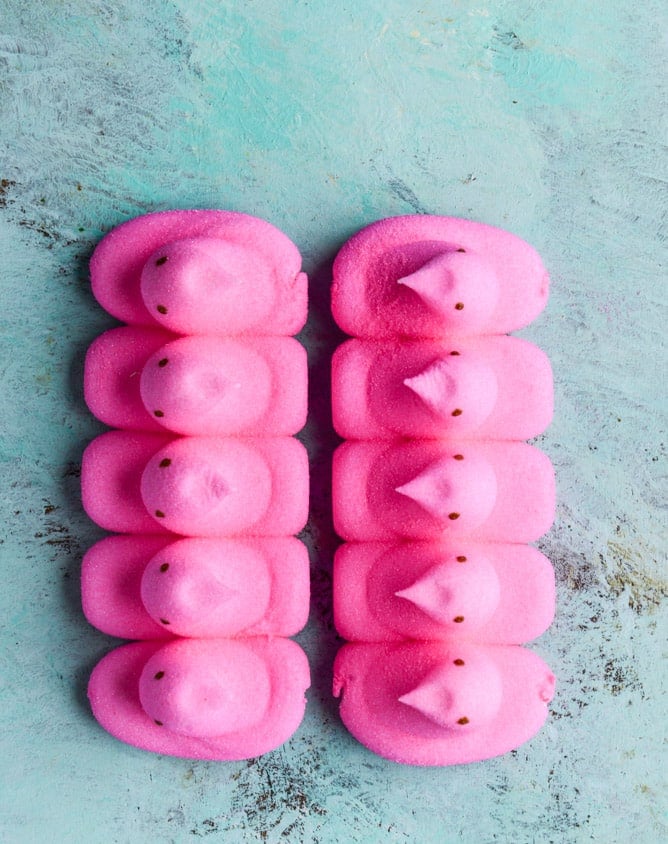 Peeps skillet s'mores! Indoor chocolate peanut butter s'mores using Peeps marshmallows make for the cutest spring treat! Best for using up those Peeps! I howsweeteats.com #peeps #smores