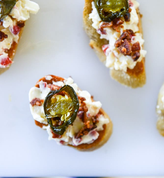 bacon ciabatta crostini with pimento cheese and candied jalapeños I howsweeteats.com