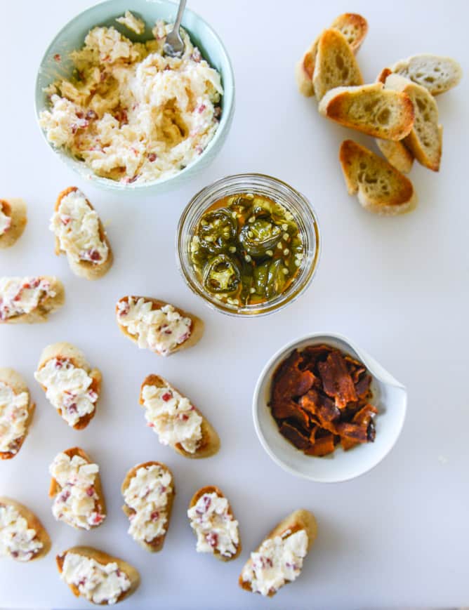 bacon ciabatta crostini with pimento cheese and candied jalapeños I howsweeteats.com
