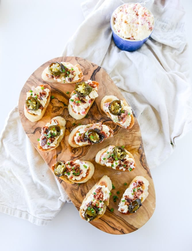 bacon ciabatta crostini with pimento cheese and candied jalapeños I howsweeteats.com