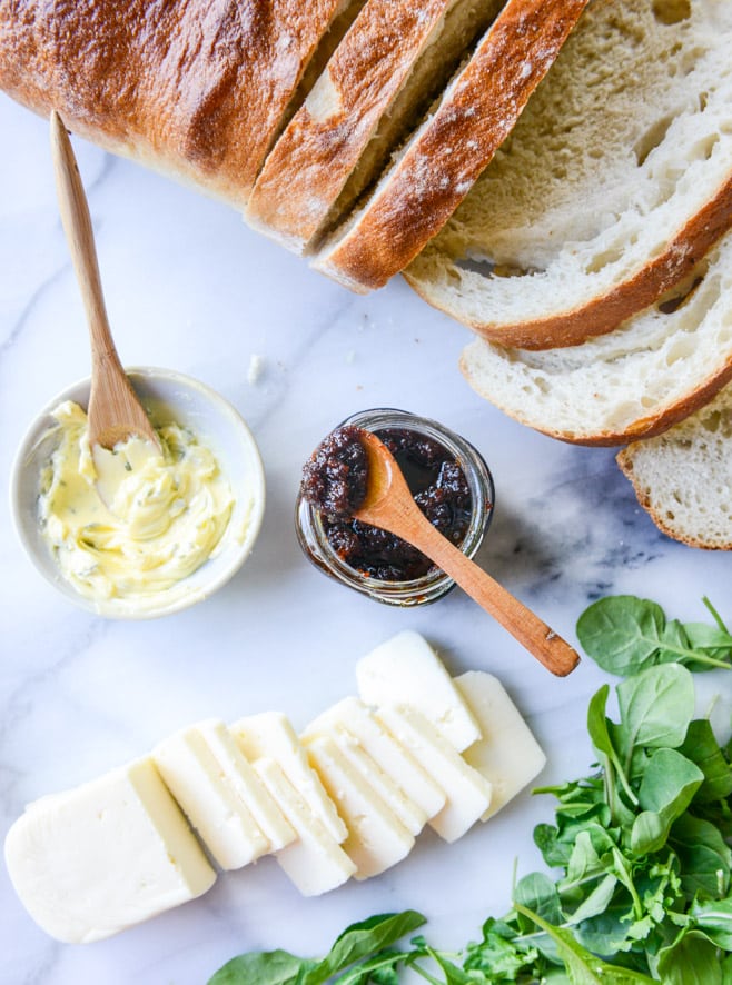 havarti and arugula grilled cheese with bacon jam and triple herb butter I howsweeteats.com