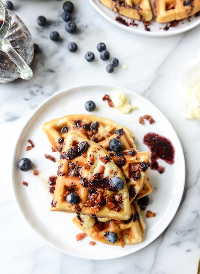 crispy bacon waffles with bourbon butter + blueberry syrup I howsweeteats.com