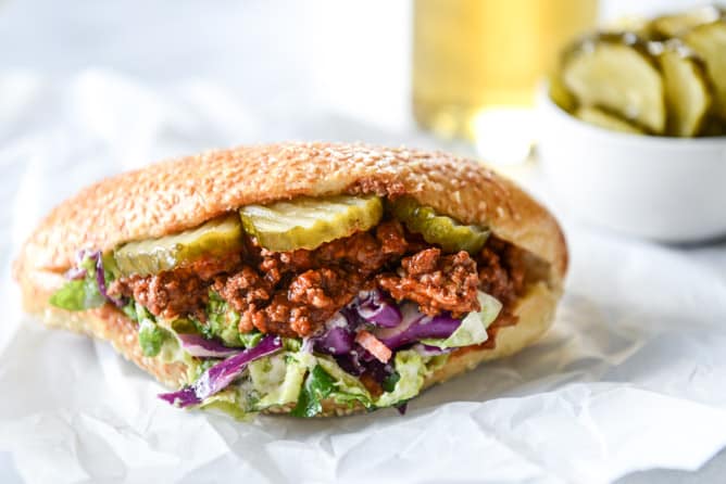 smoky sloppy joes with green chiles and greek yogurt slaw I howsweeteats.com