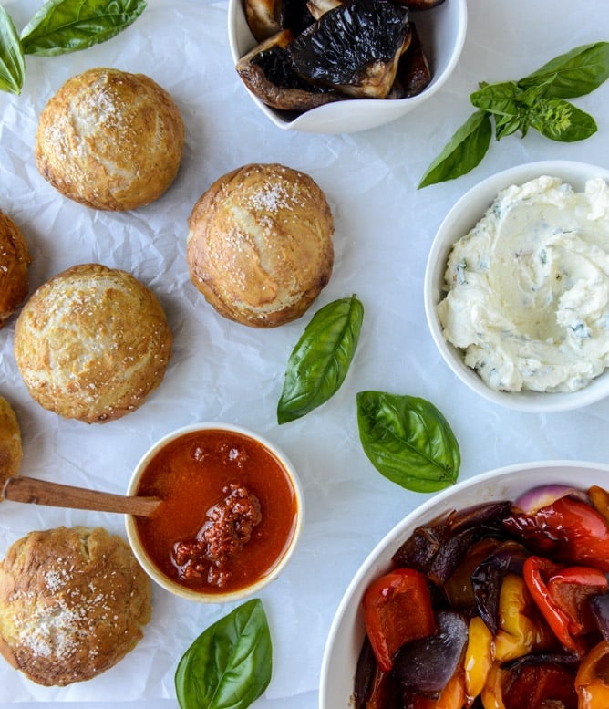 grilled veggie sliders on homemade pretzel buns I howsweeteats.com