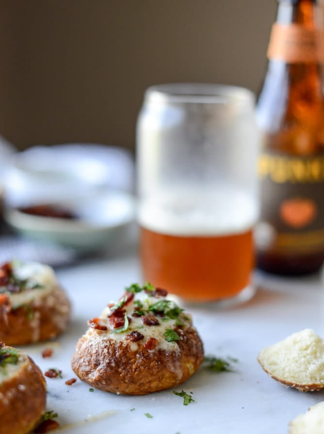 cider cheese soup shooters in mini pretzel bread bowls I howsweeteats.com
