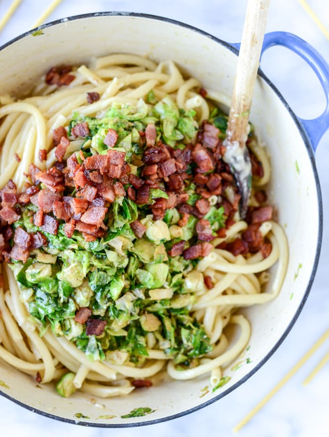 bacon, egg and brussels carbonara I howsweeteats.com