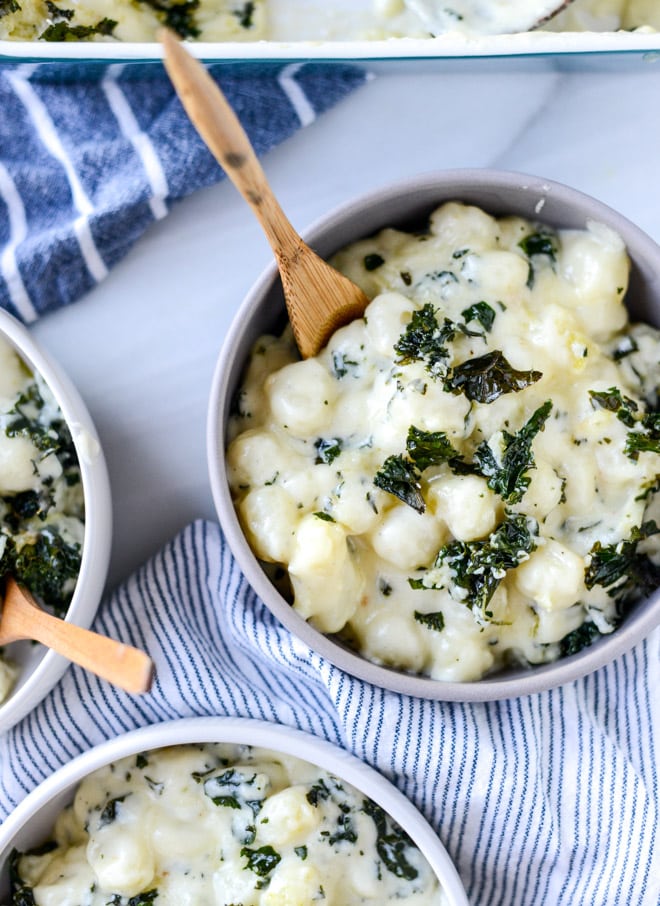gnocchi mac and cheese with crispy kale I howsweeteats.com