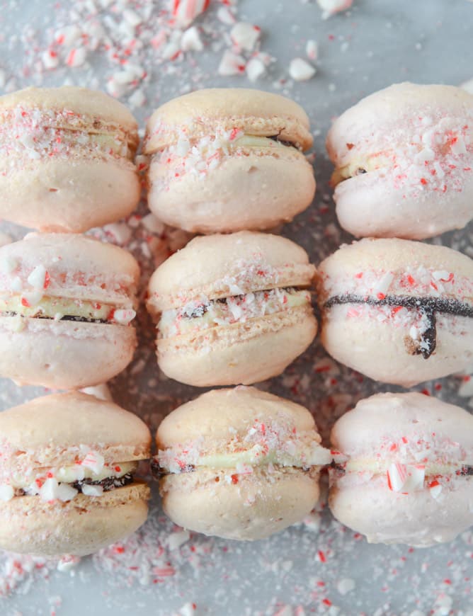 pink peppermint bark macarons I howsweeteats.com