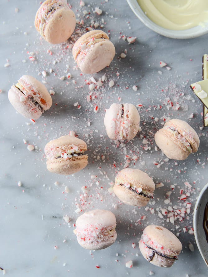 pink peppermint bark macarons I howsweeteats.com