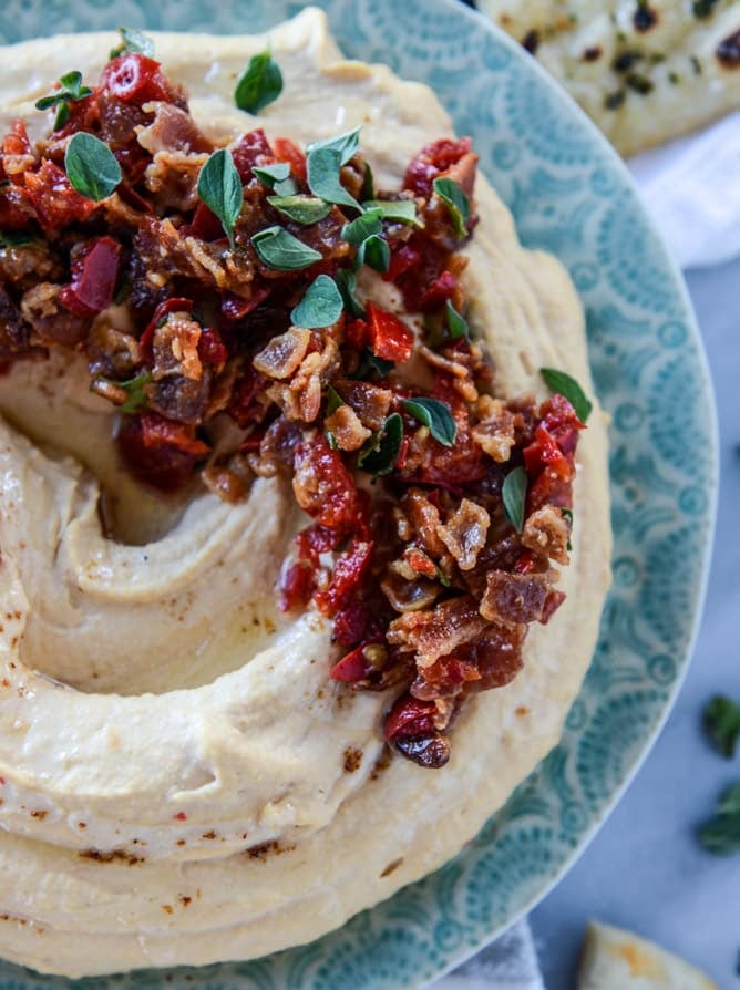 hot bacon cherry pepper hummus with pizza pita chips I howsweeteats.com